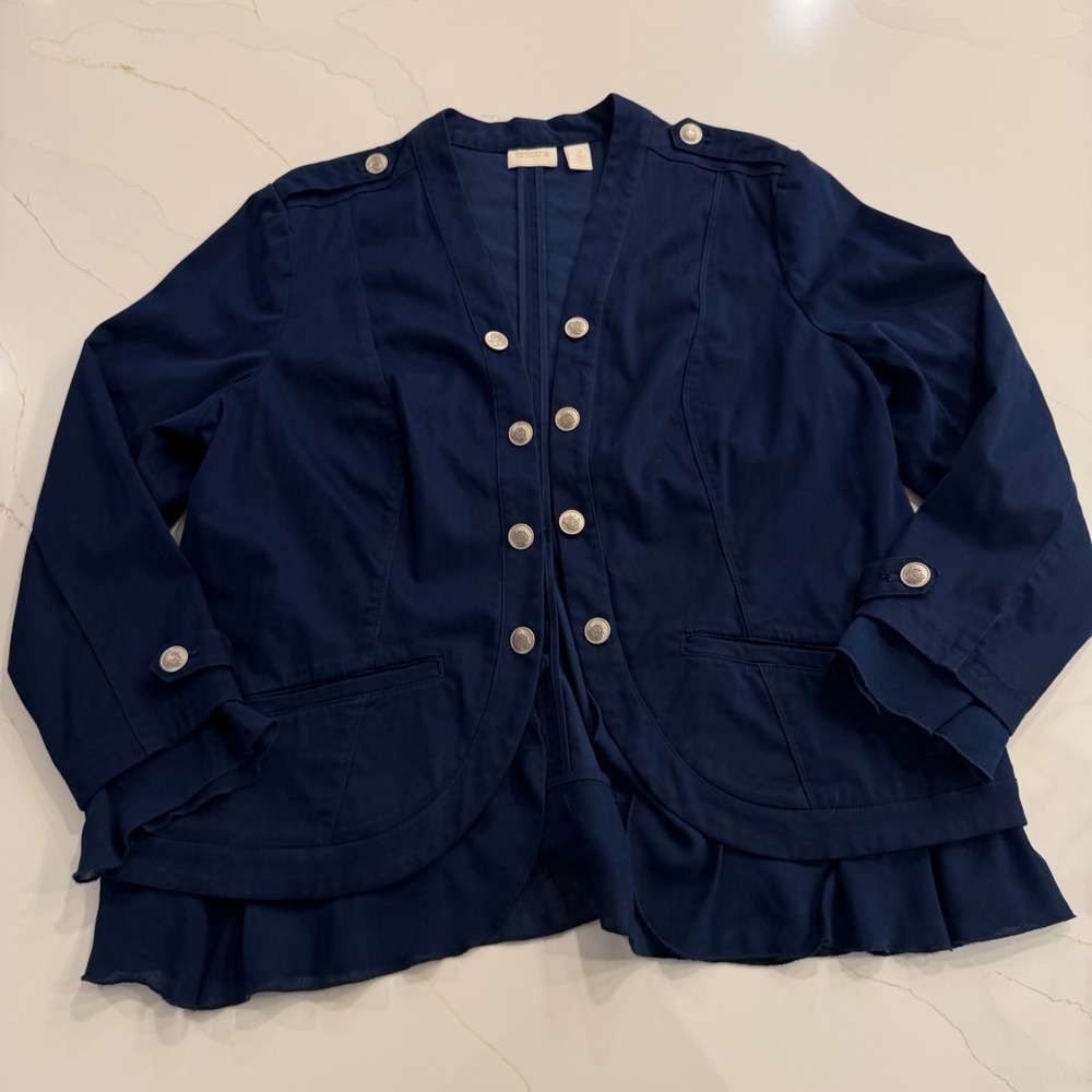 Chicos Navy Blue Military Jacket Gold Crest Buttons Ruffle Hem 570226266 Size 3‎